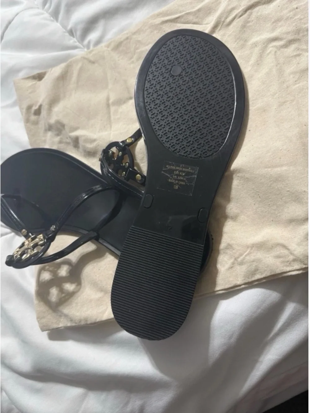 Tory Burch Black Jelly Logo Thong Sandals with Gold Emblem